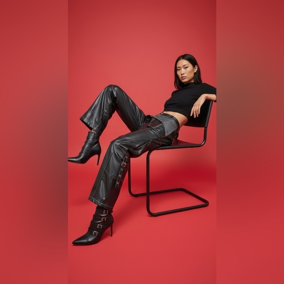 NWT frustration garden black & gray accent faux leather punk style Pants size S - Picture 2 of 6